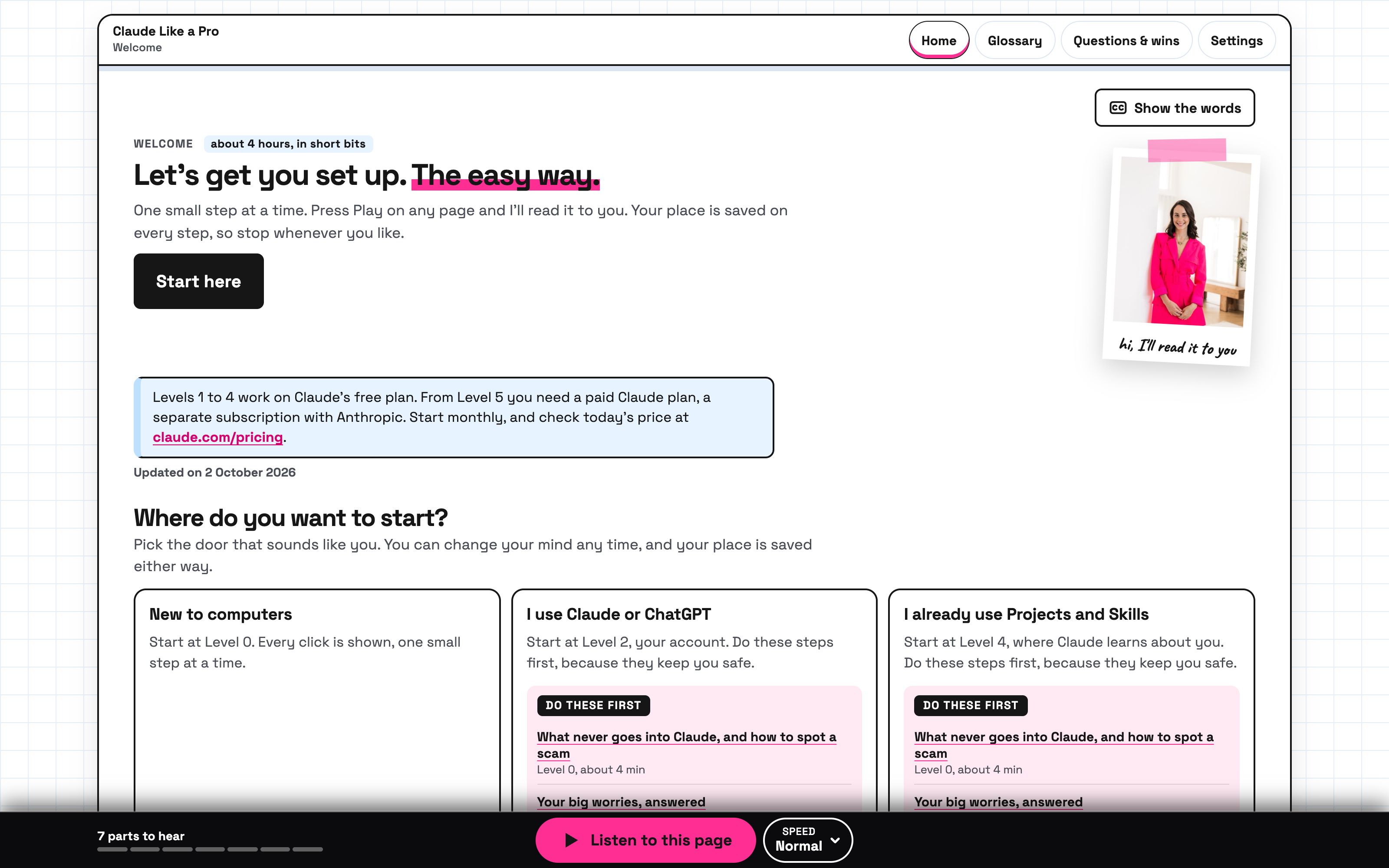 The Claude Like a Pro home page: a welcome with a Start here button, a note on which levels work on the free plan, and three starting doors.