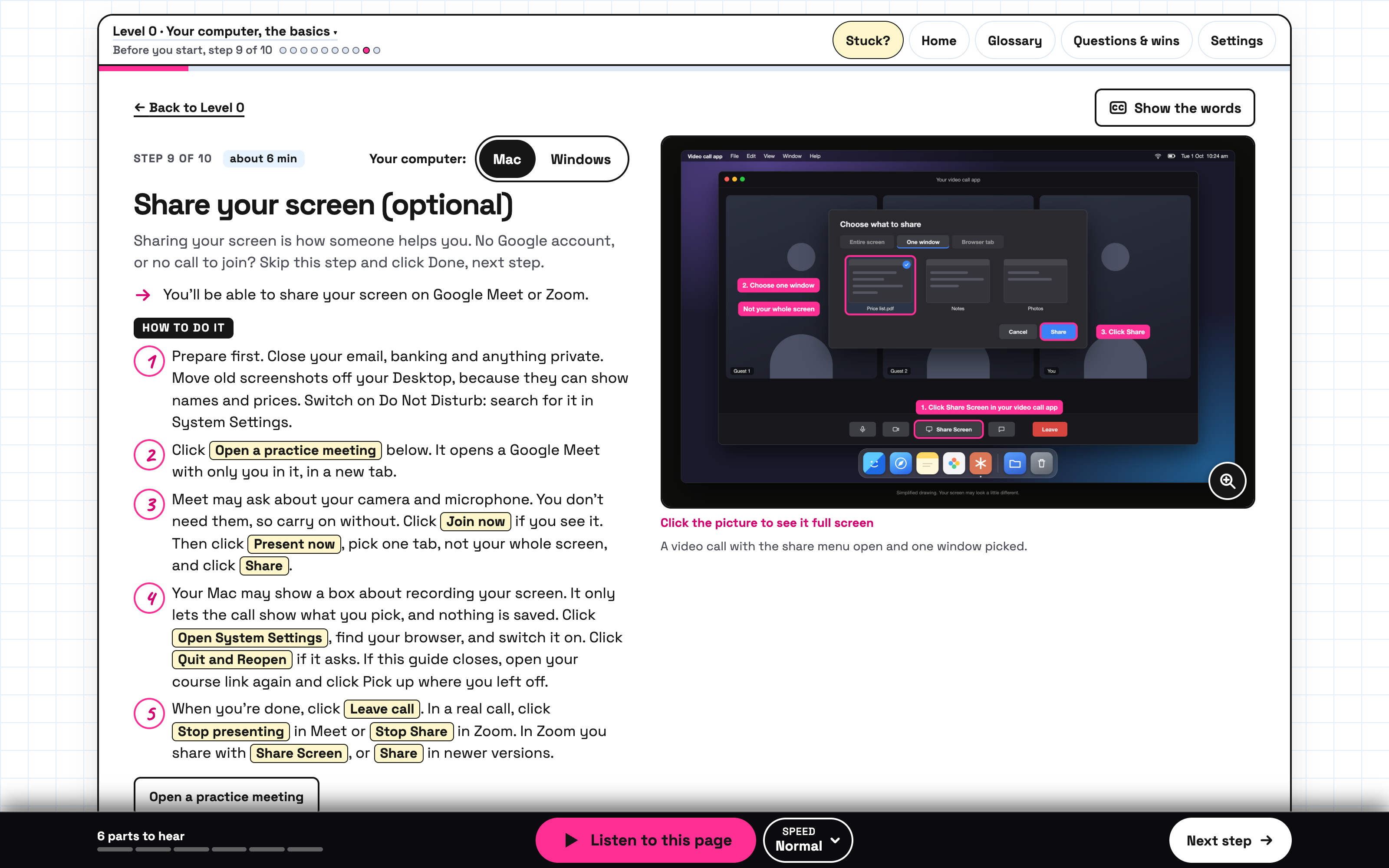 A course step on sharing your screen, with numbered steps, button names highlighted, a Mac or Windows switch and an annotated picture.