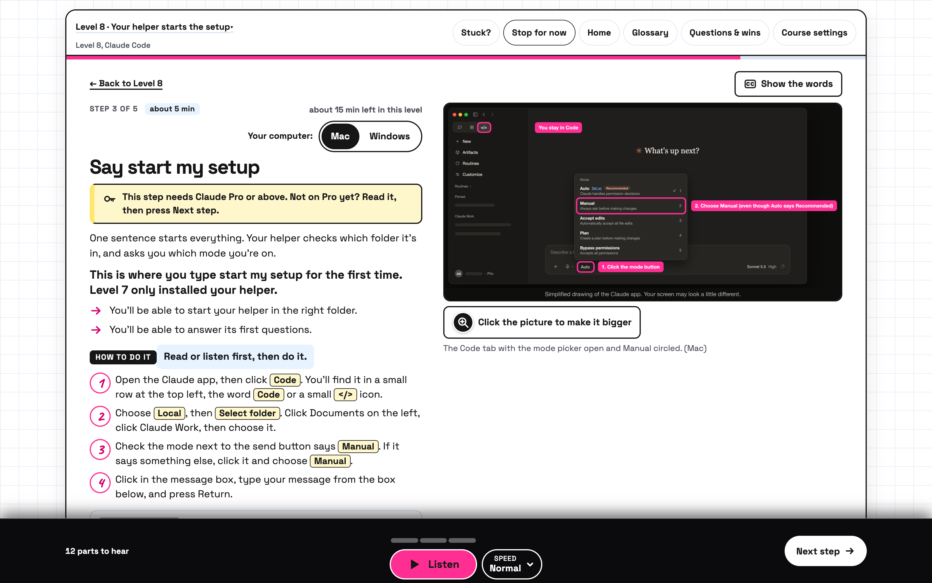 Level 8, Say start my setup step: numbered instructions on the left and, on the right, a drawn picture of the Claude app's Code tab with the mode menu open and Manual circled, so Claude asks before it changes anything.